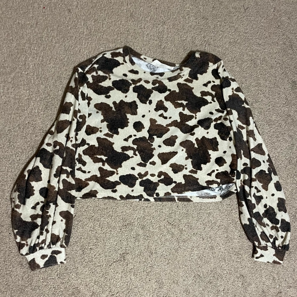 Audrey 3+1 cream and‎ brown balloon sleeve cropped sweater size small